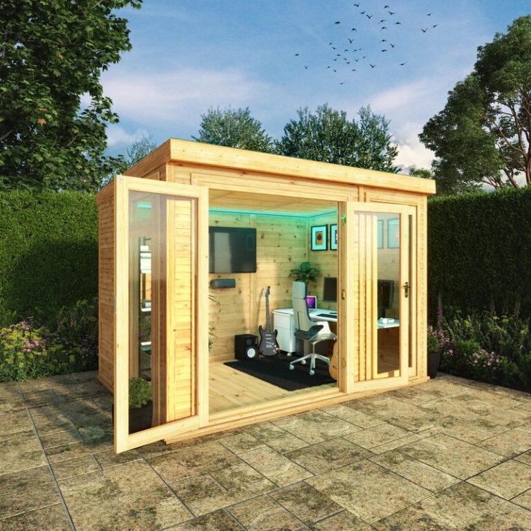 Adley 3m x 2m Insulated Garden Room DIY Kit featuring a modern aesthetic with insulated walls and flat roof design.