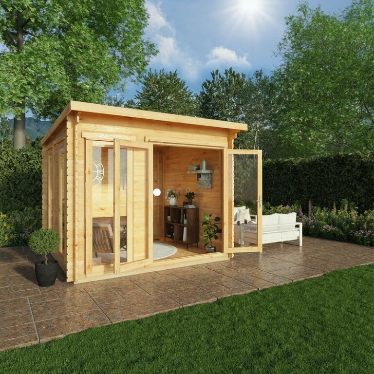 Adley 3m x 3m Alpha Pent Log Cabin 34mm in a garden setting.