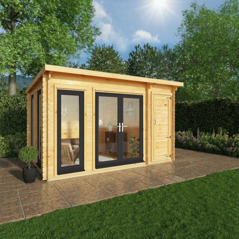 Adley 4.1m x 3m Alpha Pent Log Cabin with Side Shed and UPVC Windows and Doors 44mm