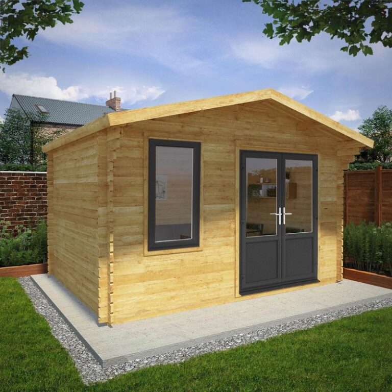 Adley 4m x 3m Lincoln Log Cabin with double doors and a picturesque garden backdrop.