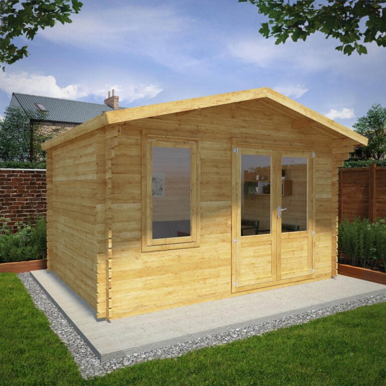 Adley 4m x 3m Lincoln Log Cabin 28mm with interlocking log cladding and double doors.