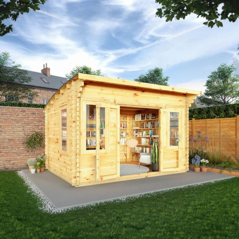 Adley 4m x 3m Taunton Log Cabin showcasing its double doors and interlocking log design.