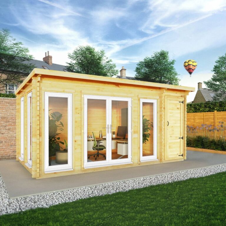 Adley 5.1m x 3m Alpha Pent Log Cabin with Side Shed and UPVC windows