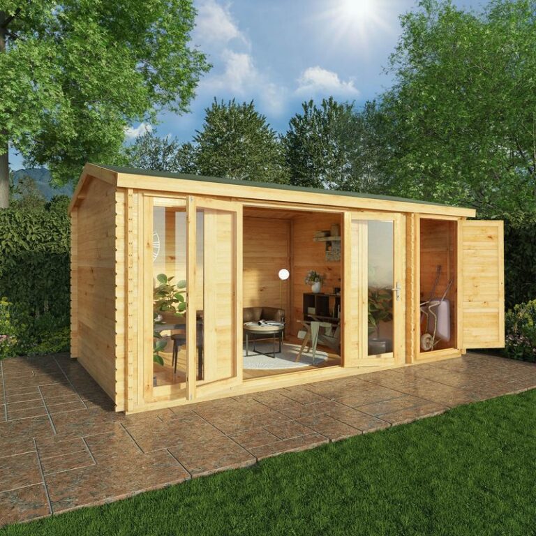 Adley 5.1m x 3m Bravo Log Cabin with Side Shed showcasing a garden office setup