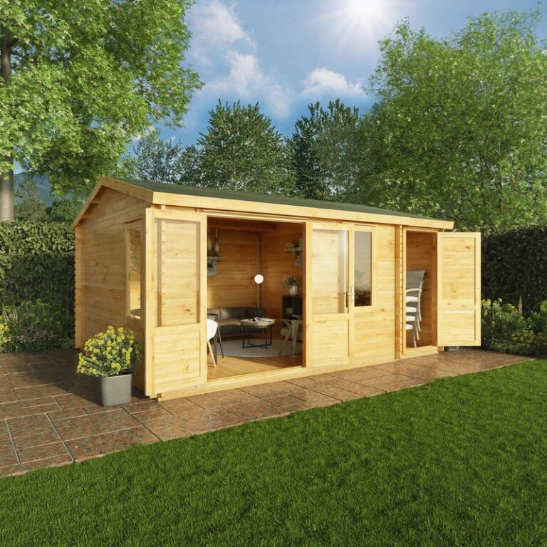 Adley 5.1m x 4m Delta Home Office Log Cabin in garden setting.