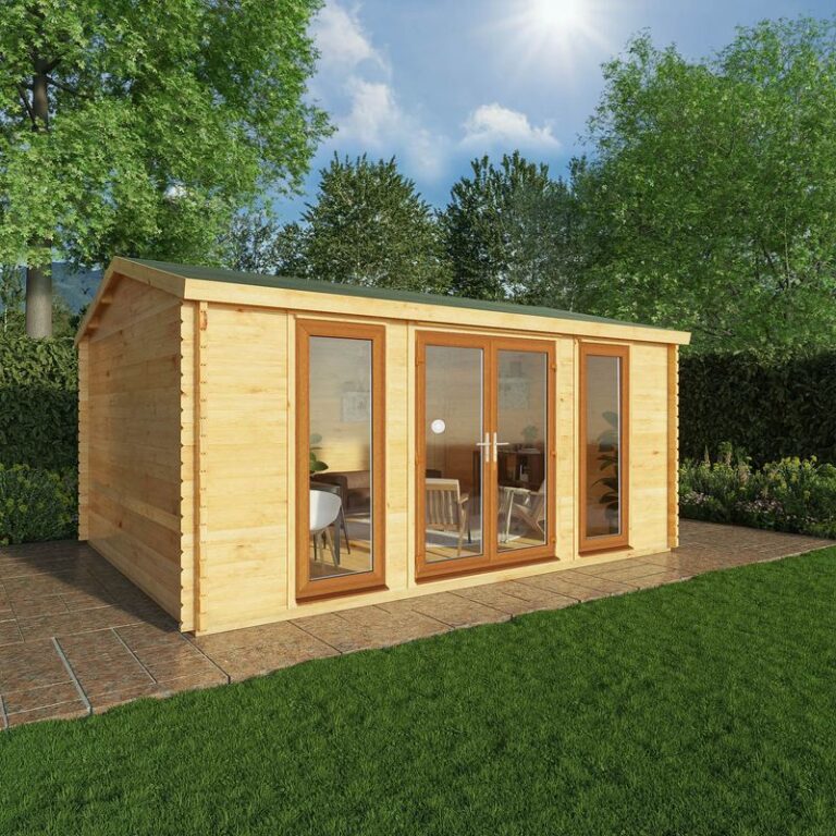 Adley 5m x 4m Bravo Log Cabin with double doors and interlocking log cladding.