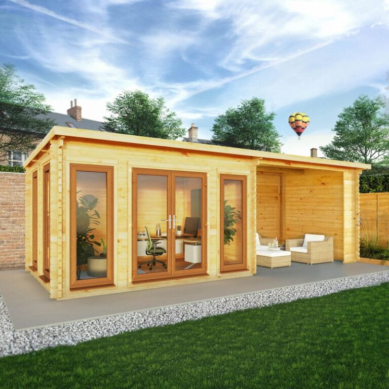 Adley 7m x 3m Alpha Pent Log Cabin with Patio Area & UPVC Windows & Doors 44mm