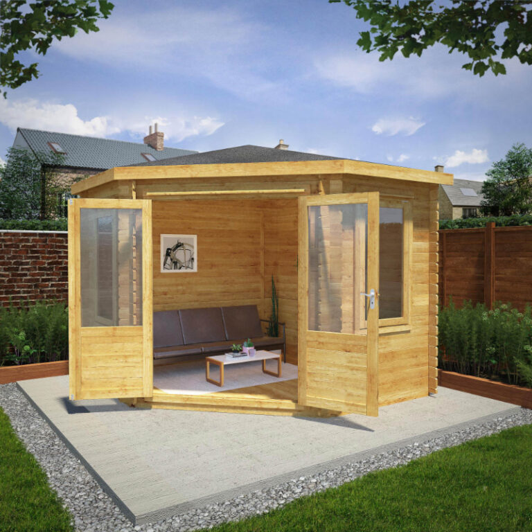 Adley 3m x 3m Somerset Corner Premium Log Cabin in garden setting