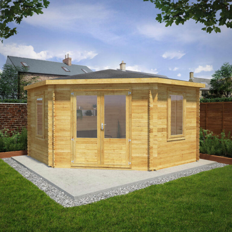 Adley 4m x 4m Somerset Corner Log Cabin with double doors and large windows.