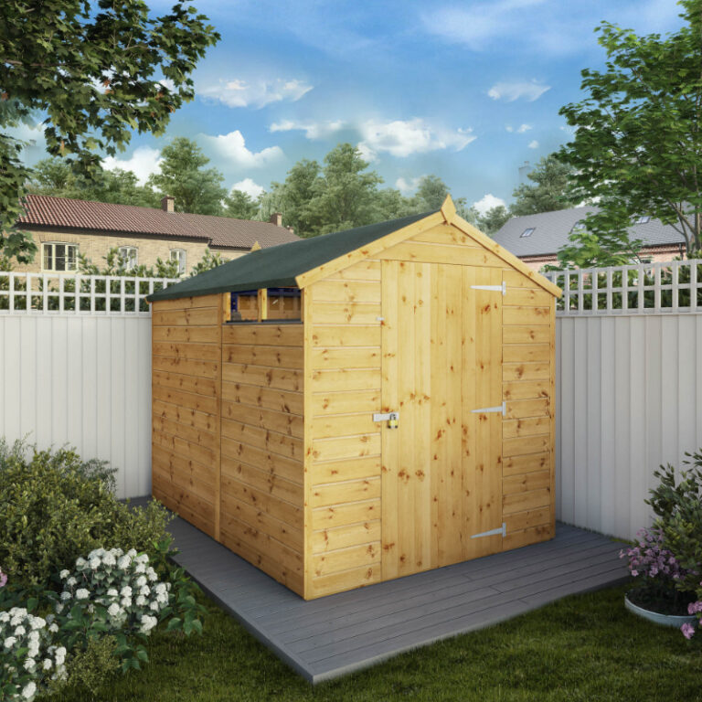 Adley 7' x 6' Wooden Apex Shed showcased in a garden setting.