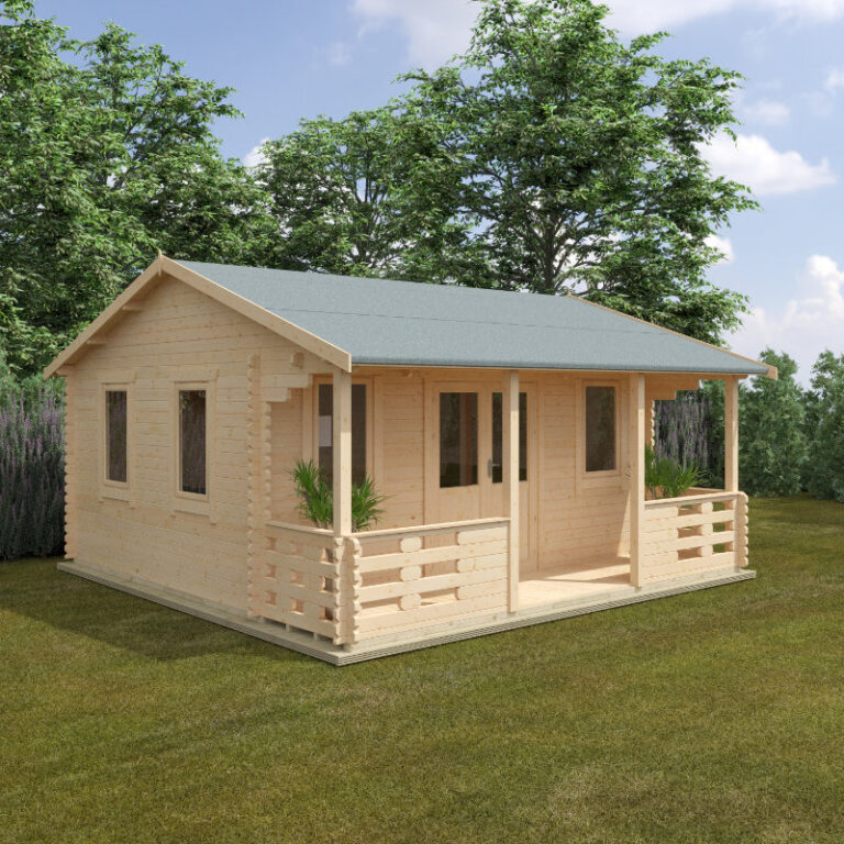 Redlands 5.4m x 4.2m Prestwick Log Cabin with reverse apex roof and toughened glass windows