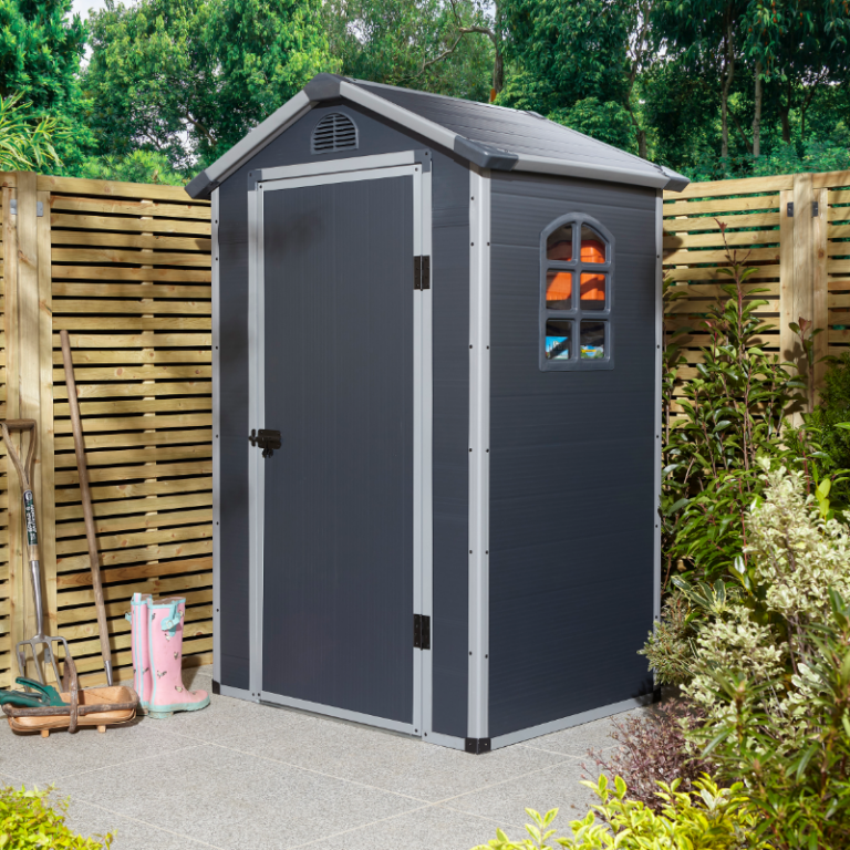 Rowlinson Airevale 4' x 3' Plastic Apex Shed Dark Grey with side window and gable vents for better airflow.