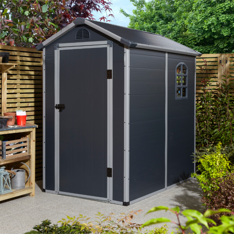 Rowlinson Airevale 4' x 6' shed in Dark Grey with light grey trim