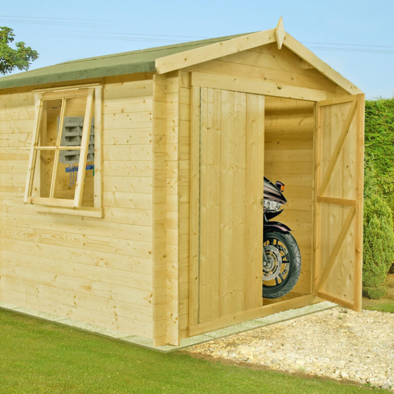 Loxley 3m x 3m Mansfield Log Cabin showcasing double doors and toughened glass.