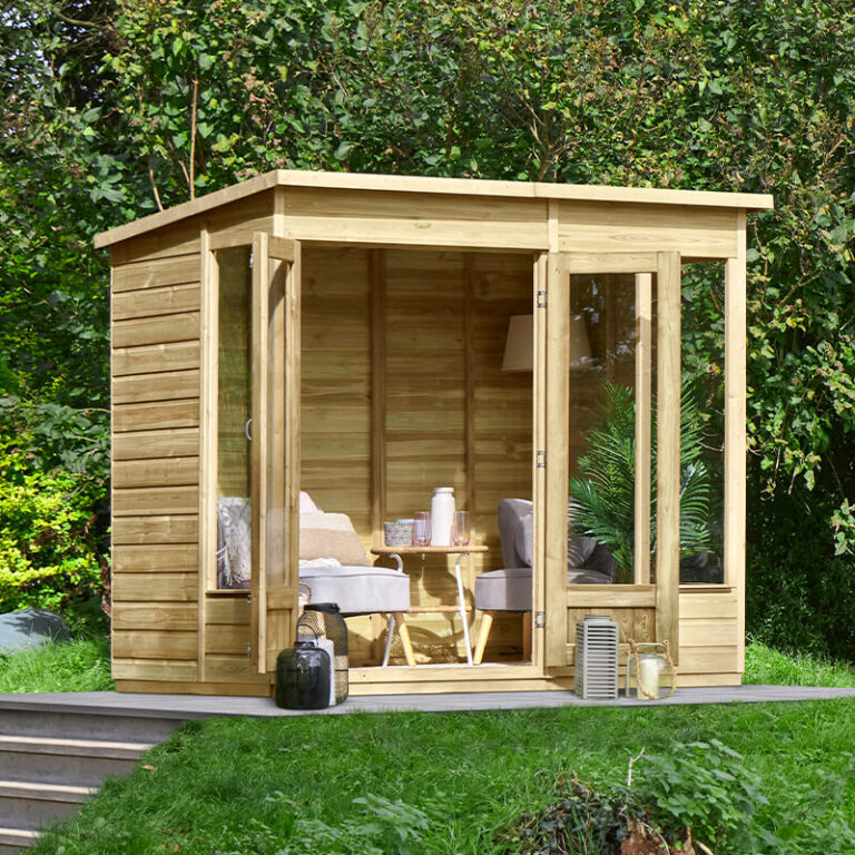 8' x 6' Forest Beckwood Summer House with double doors and shiplap cladding.