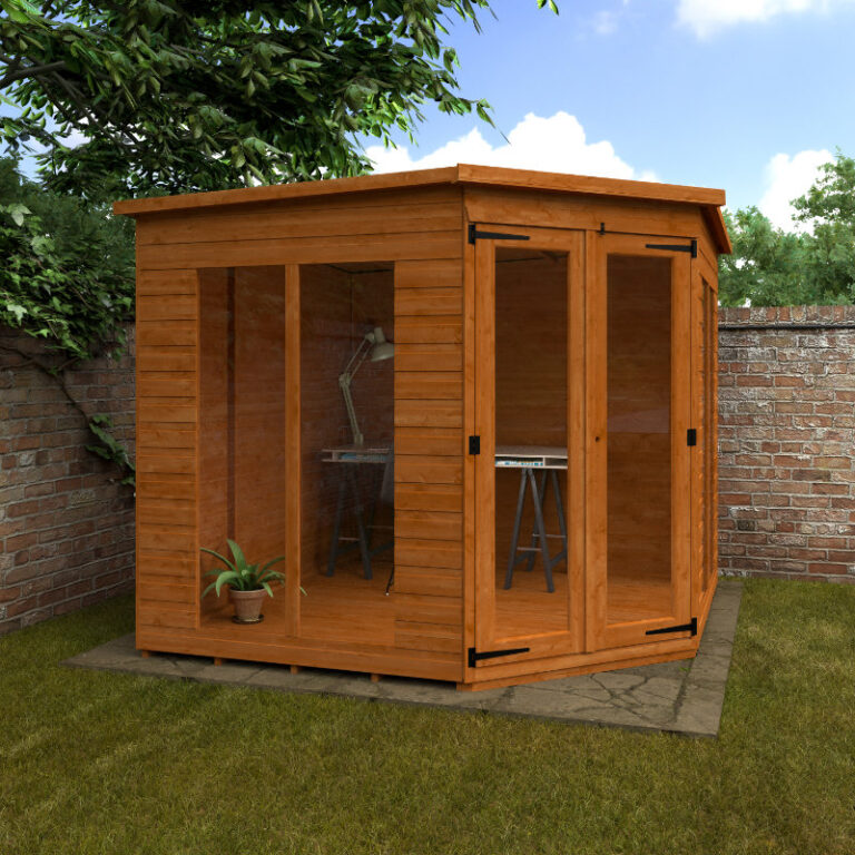 Redlands 8' x 8' Full Pane Corner Summer House with toughened glass windows and vibrant design.