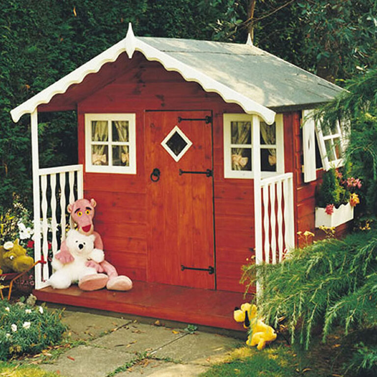 Beautifully crafted 6' x 6' Shire Den Kids Wooden Playhouse with a welcoming veranda.