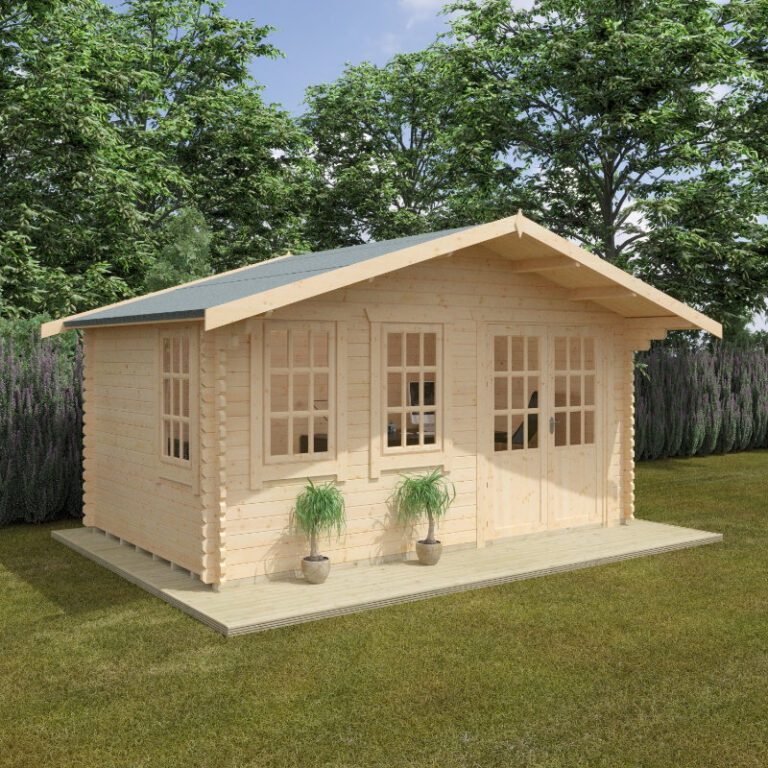 Redlands 4.8m x 3m Oakmont Log Cabin showcasing its robust design and functionality.