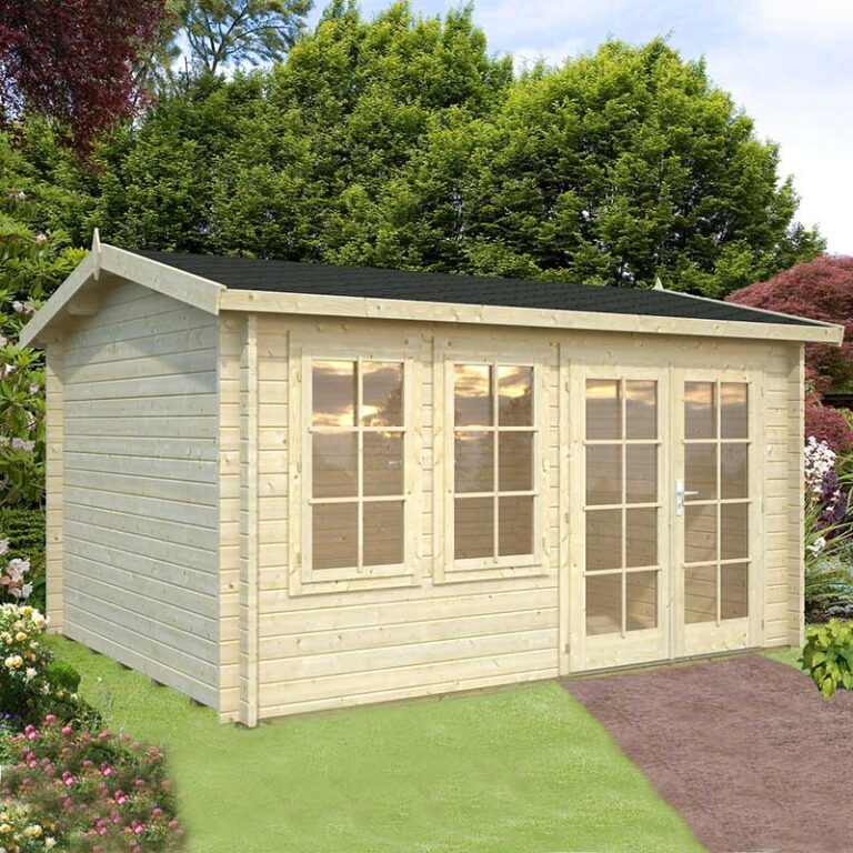 Palmako Iris 4.2m x 3.3m Log Cabin Garden Office with interlocking log construction and double glazed safety glass windows.