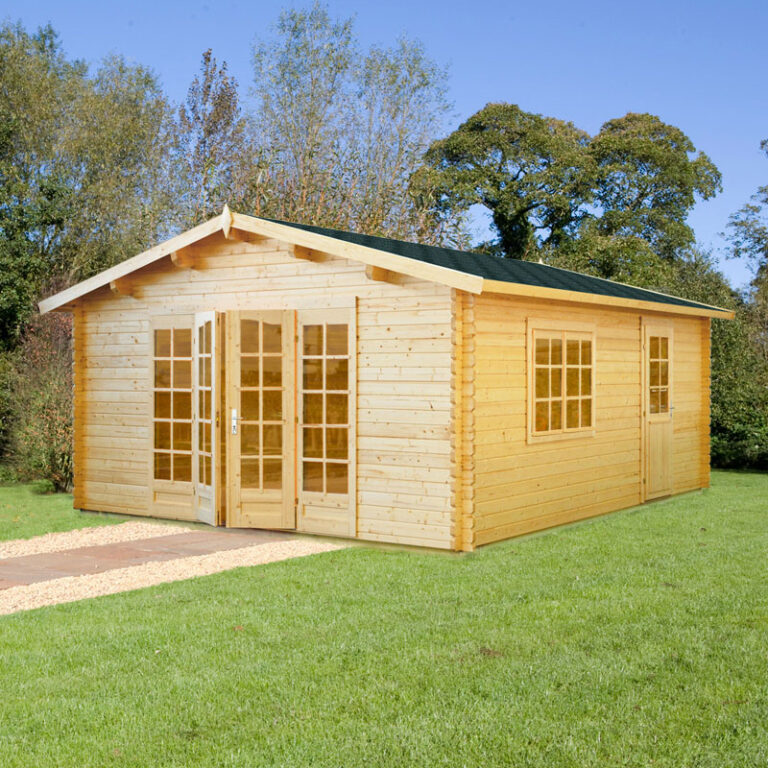 Palmako Irene 3.8m x 5.7m Log Cabin Garden Building from multiple angles highlighting its features and design.