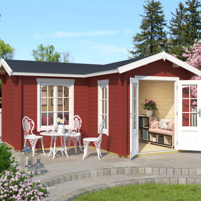 Greenway 4m x 4m Newborough Log Cabin 44mm with double doors and stylish interlocking log design.