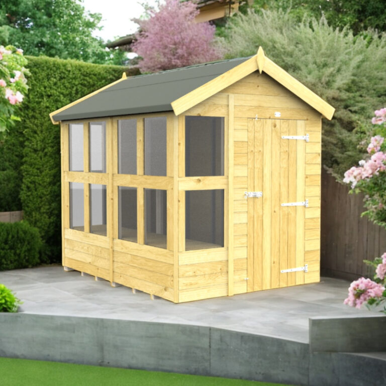 Holt 6' x 8' Pressure Treated Shiplap Modular Apex Potting Shed with natural lighting through windows.