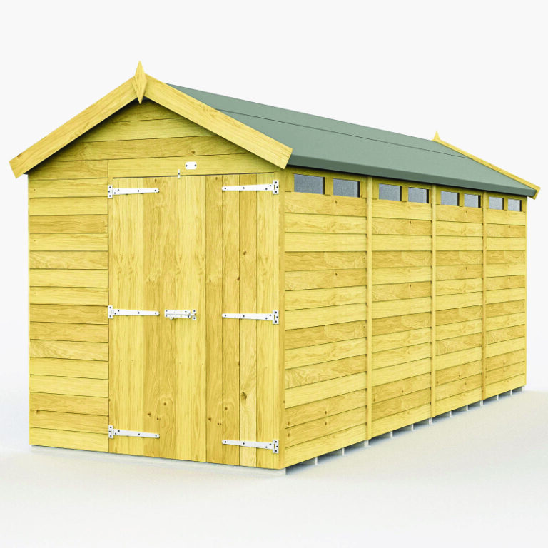 A sturdy and stylish 7' x 16' pressure treated shed from Holt.