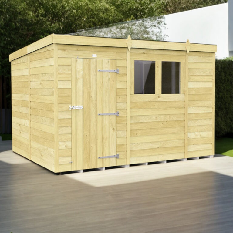 Holt 10' x 8' Pressure Treated Shiplap Modular Pent Shed in a garden setting