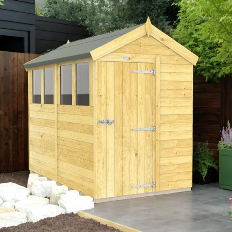 Holt 5' x 8' Pressure Treated Shiplap Modular Apex Shed with single door.