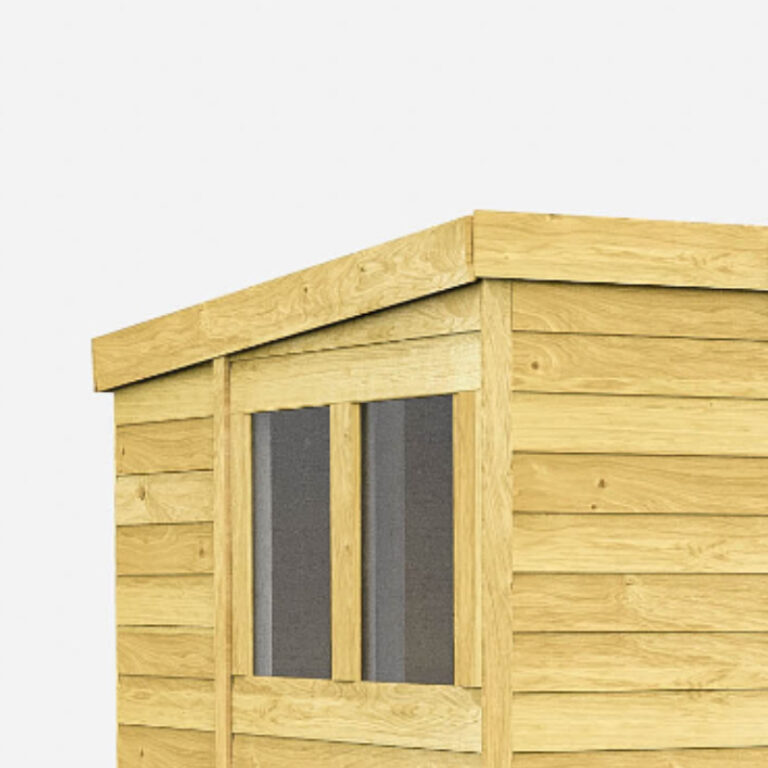 Holt 18' x 6' Double Door Shiplap Pressure Treated Modular Pent Shed in a garden setting.