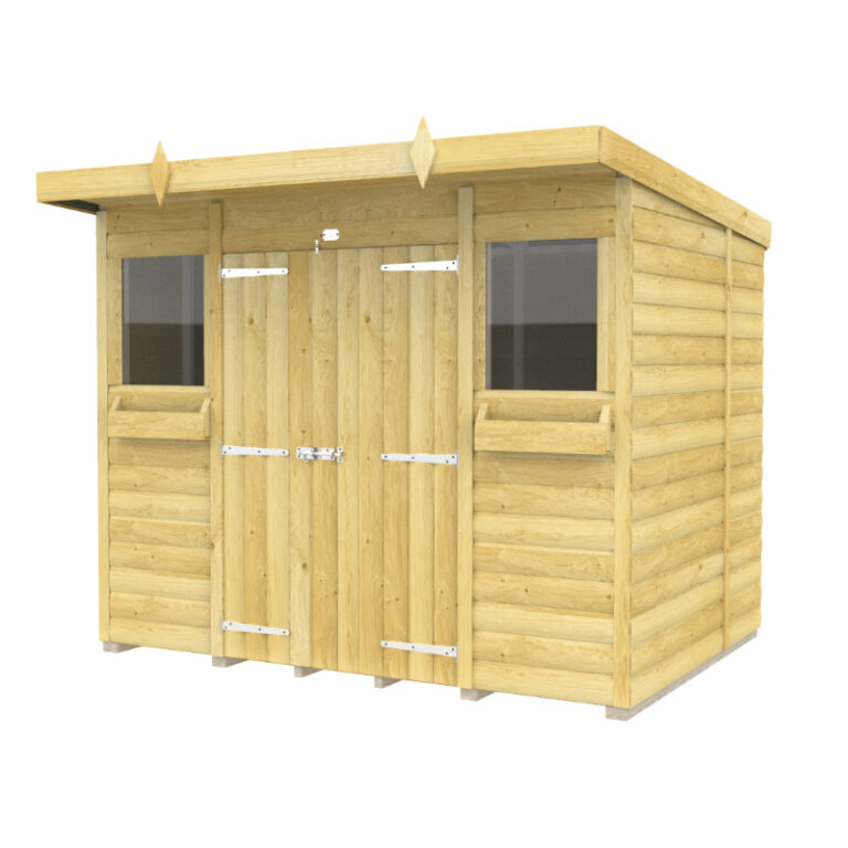 A beautiful pent-style summer shed showcasing loglap cladding and double doors.