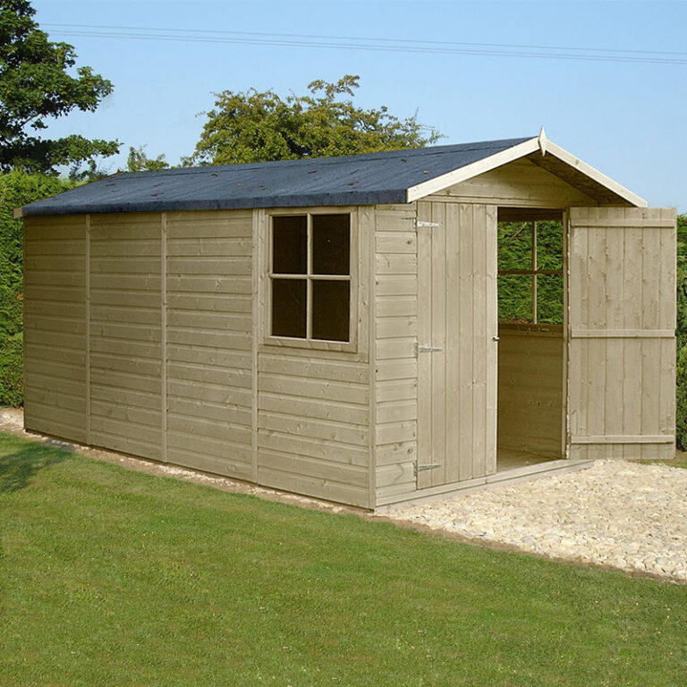 Wooden garden shed with double doors and windows