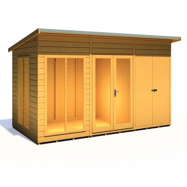 Loxley 12' x 6' Stanton Summer House With Side Shed features double doors and a side shed.