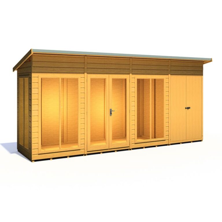 Loxley 16' x 4' Stanton Summer House With Side Shed in a garden setting.