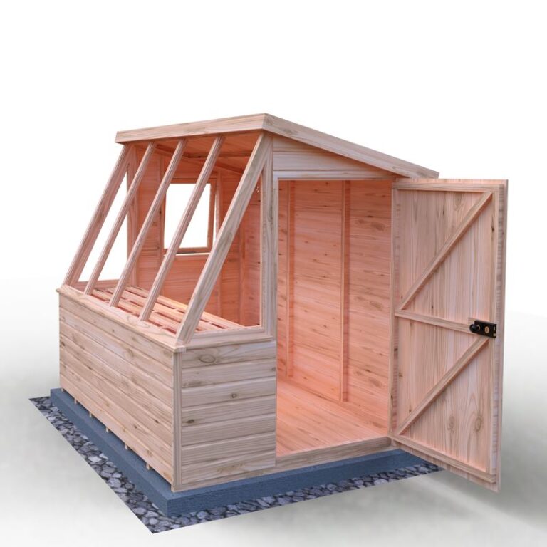 Loxley 6' x 8' Shiplap Potting Shed showcasing its honey-brown finish and window features.