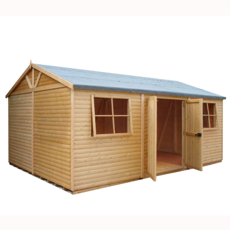 Loxley 18' x 12' Loglap Double Door Reverse Apex Workshop in natural setting