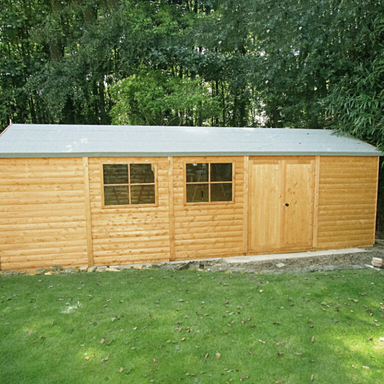 Loxley 30' x 12' Loglap Double Door Reverse Apex Workshop with double doors and side windows.