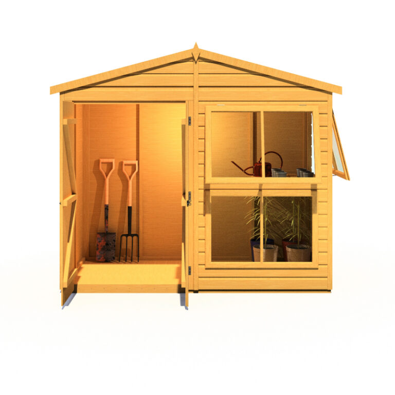 Loxley 8' x 4' Shiplap Apex Potting Shed with double doors and garden backdrop.