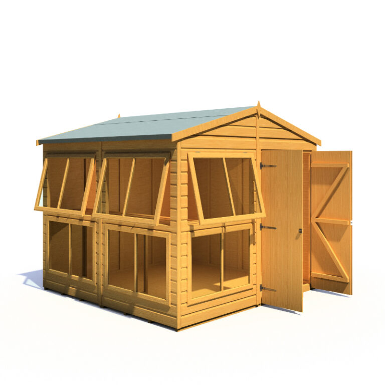 Loxley 8' x 8' Shiplap Apex Potting Shed with double doors and multiple windows.