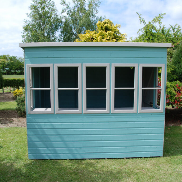 Loxley 8' x 8' Shiplap Sun Pent Shed showcasing its charming honey brown finish and natural light-enhancing windows.