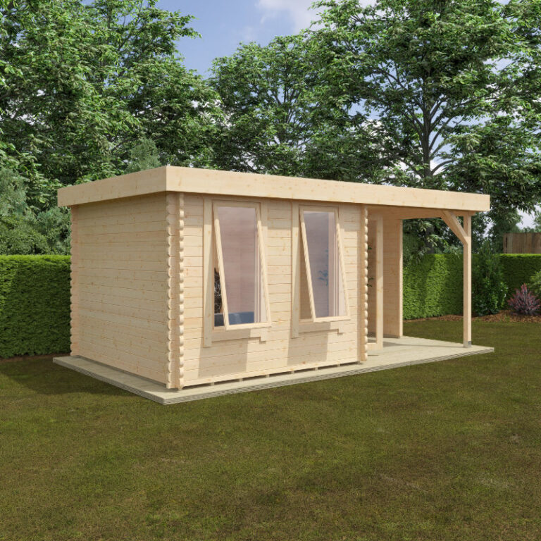 Redlands 4.8m x 3m Pinehurst Log Cabin with toughened glass windows and mineral felt roof.