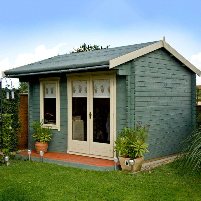 Loxley 3m x 2.4m Maltby Log Cabin with toughened glass windows and interlocking log structure.