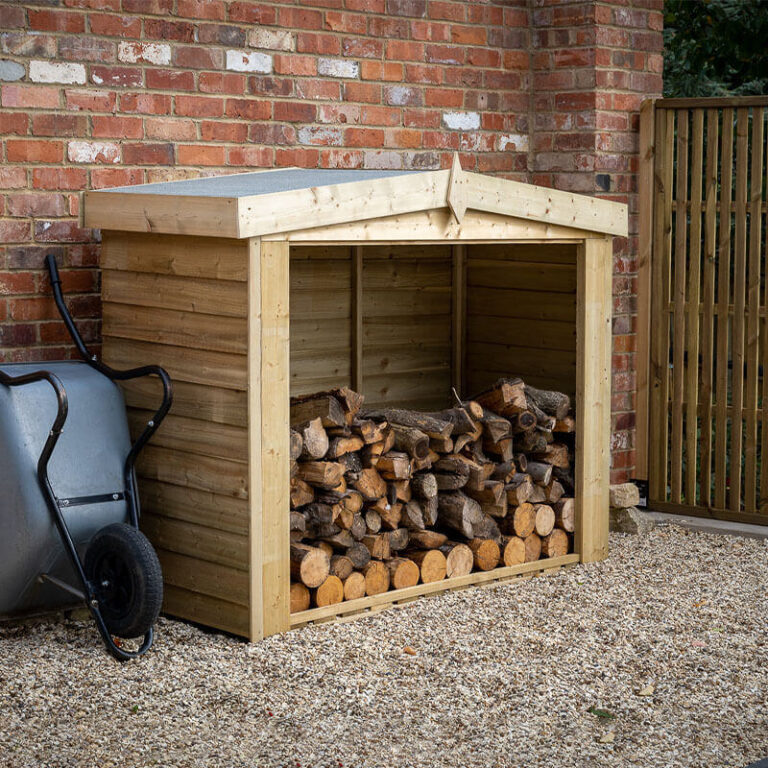 A stylish view of the 6'6 x 2'8 Forest Apex Overlap Logstore with an apex roof.