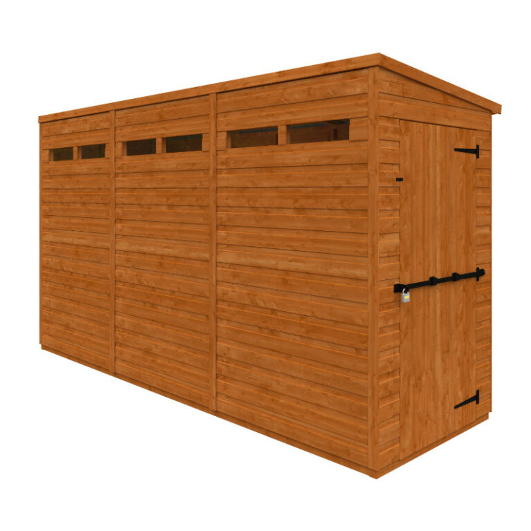 Redlands 4' x 12' Shiplap Modular Pent Security Shed - side view.