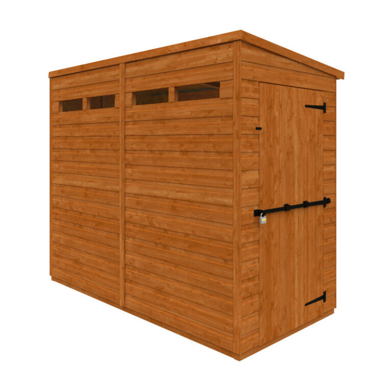 Redlands 4' x 8' Shiplap Modular Pent Security Shed with security features.