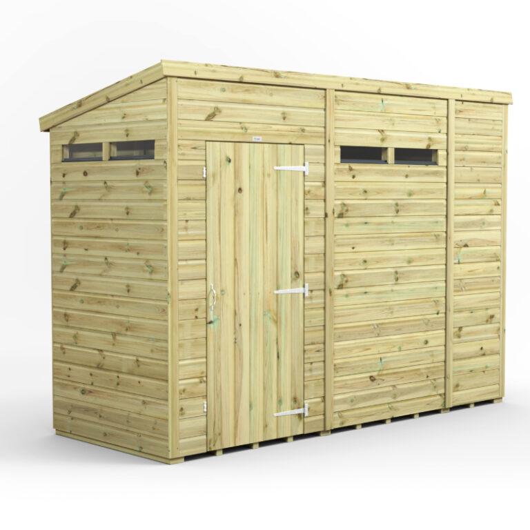 Oren 10' x 4' Premium Shiplap Modular Custom Pent Security Shed with toughened glass windows.