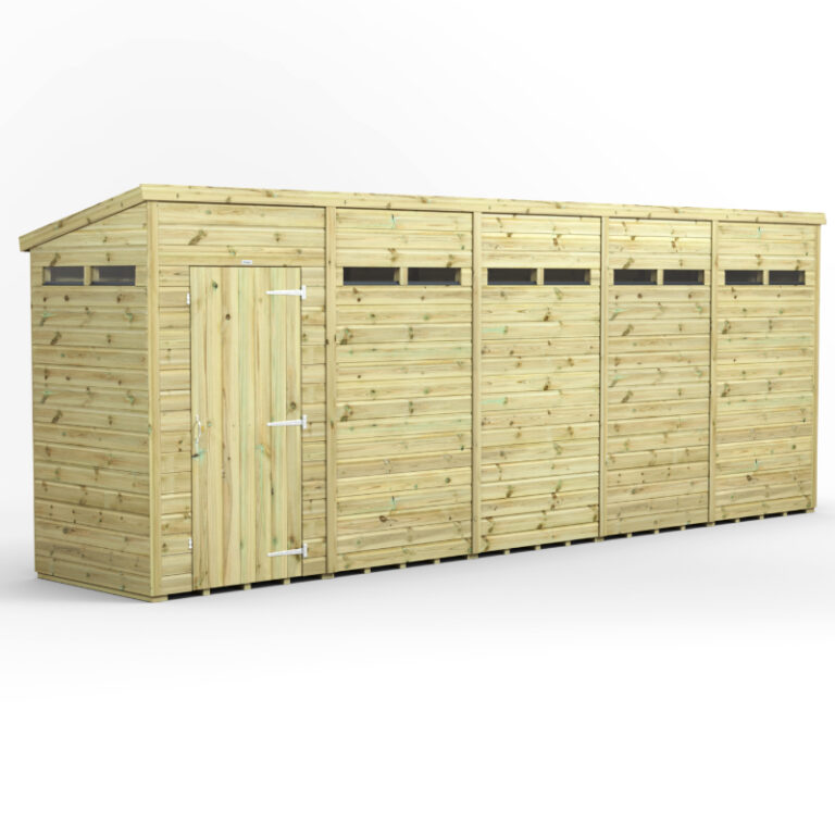 Oren 20' x 4' Premium Shiplap Modular Custom Pent Security Shed with toughened glass windows and premium felt roof covering.