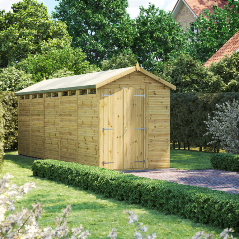 Oren 20' x 6' Premium Shiplap Modular Custom Apex Security Shed with toughened glass windows.