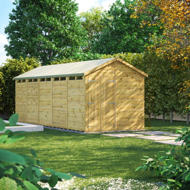 Security-focused Oren 20' x 8' Premium Shiplap Modular Apex Shed