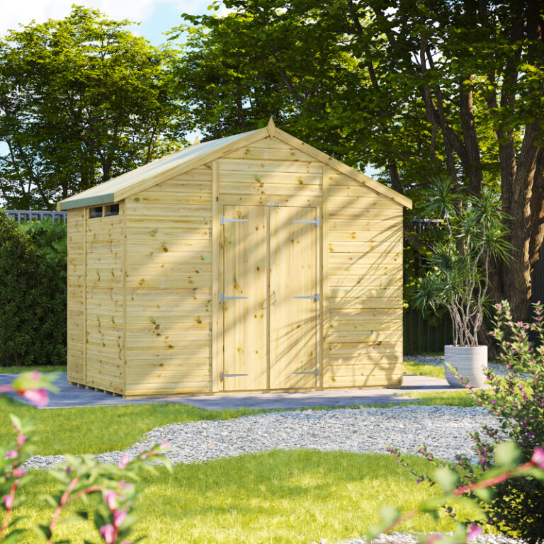 Oren 6' x 10' Premium Shiplap Modular Custom Apex Security Shed with security features.